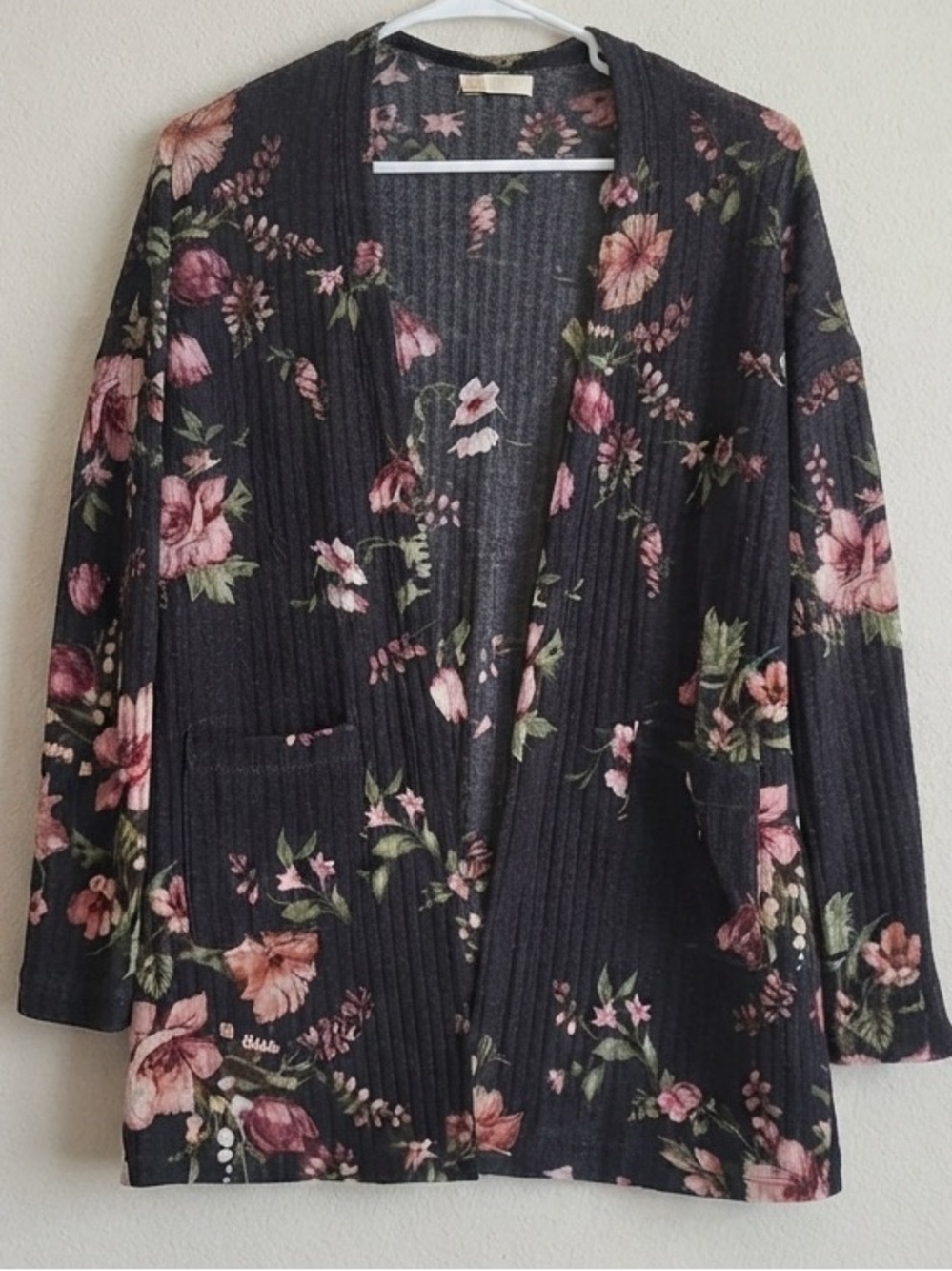 Reborn J Black Cardigan with Pink Floral Print, size L or XL